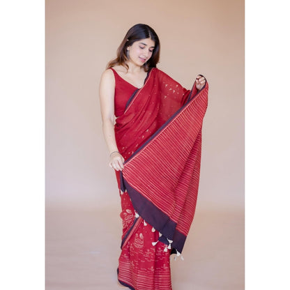 The Indian Ethnic Co. Red Ajrakh Hand Block Print Mul Saree with Unstitched Blouse