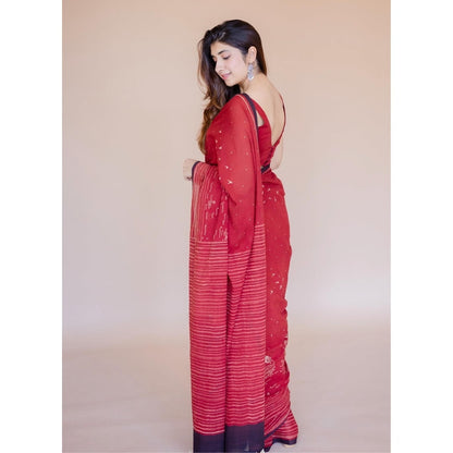 The Indian Ethnic Co. Red Ajrakh Hand Block Print Mul Saree with Unstitched Blouse