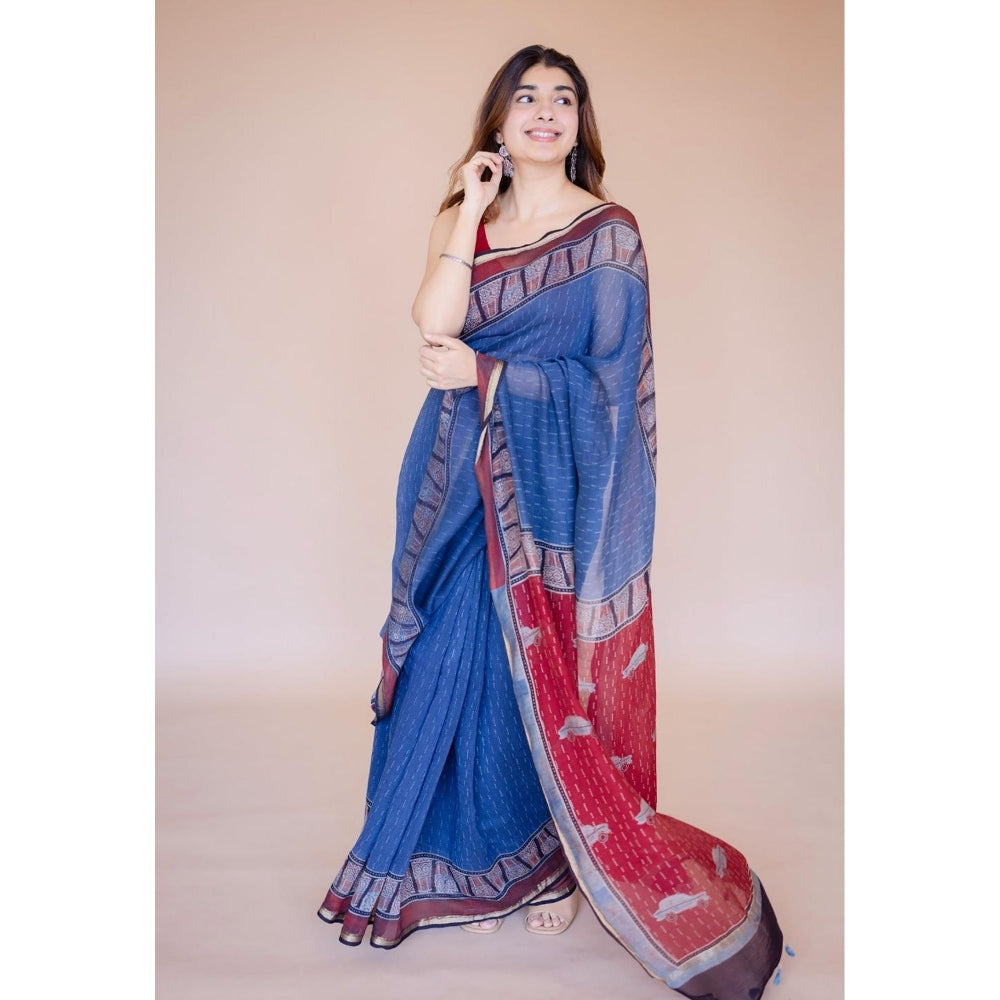 The Indian Ethnic Co. Blue Print Chanderi Saree with Unstitched Blouse