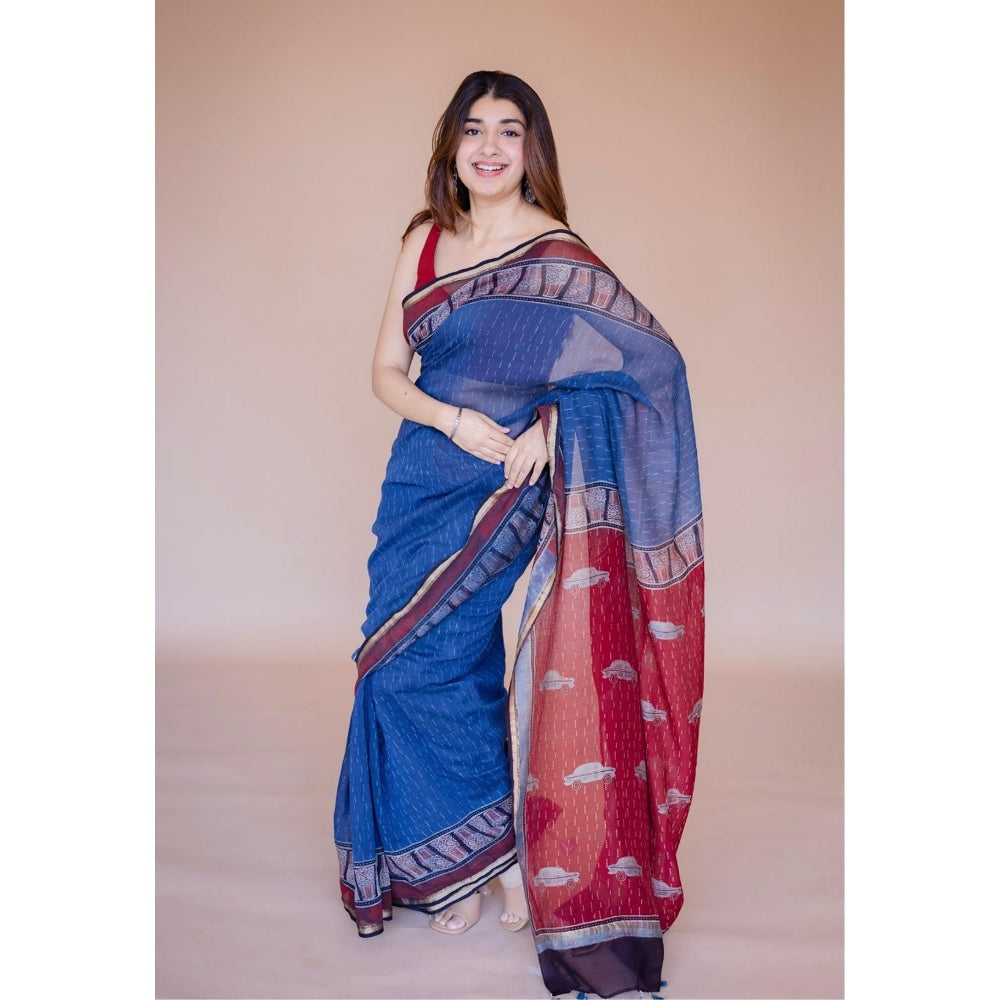 The Indian Ethnic Co. Blue Print Chanderi Saree with Unstitched Blouse