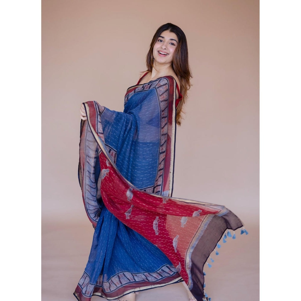 The Indian Ethnic Co. Blue Print Chanderi Saree with Unstitched Blouse