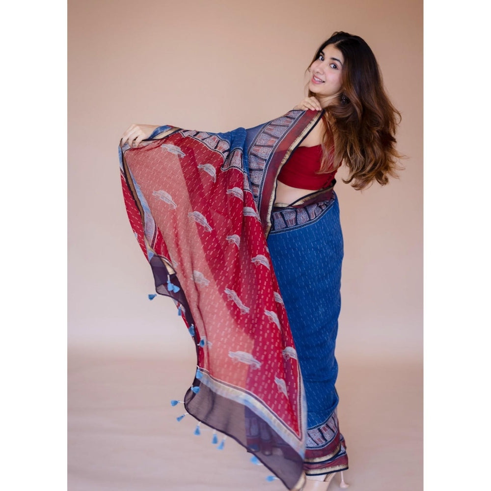 The Indian Ethnic Co. Blue Print Chanderi Saree with Unstitched Blouse