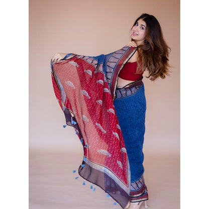 The Indian Ethnic Co. Blue Print Chanderi Saree with Unstitched Blouse