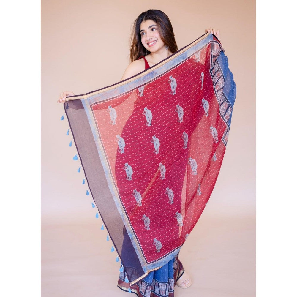 The Indian Ethnic Co. Blue Print Chanderi Saree with Unstitched Blouse