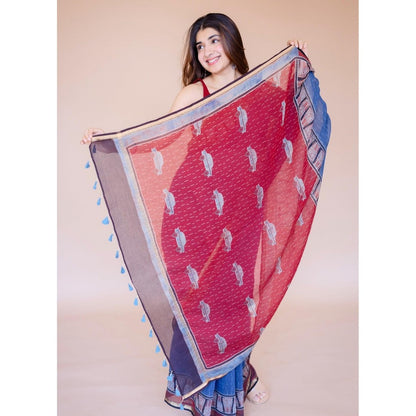 The Indian Ethnic Co. Blue Print Chanderi Saree with Unstitched Blouse