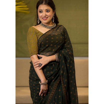 The Indian Ethnic Co. Ajrakh Natural Dyed Kota Doria Saree with Unstitched Blouse
