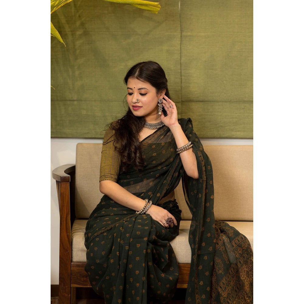 The Indian Ethnic Co. Ajrakh Natural Dyed Kota Doria Saree with Unstitched Blouse
