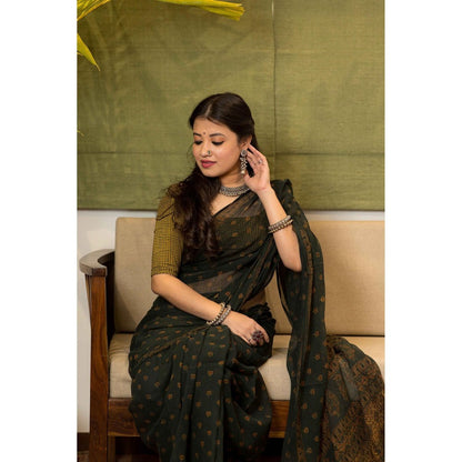 The Indian Ethnic Co. Ajrakh Natural Dyed Kota Doria Saree with Unstitched Blouse