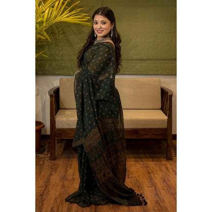 The Indian Ethnic Co. Ajrakh Natural Dyed Kota Doria Saree with Unstitched Blouse
