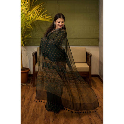 The Indian Ethnic Co. Ajrakh Natural Dyed Kota Doria Saree with Unstitched Blouse