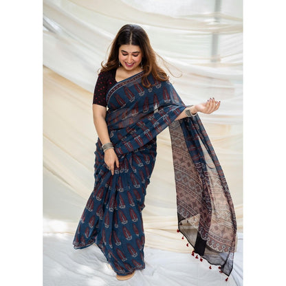 The Indian Ethnic Co. Ajrakh Natural Dyed Kota Doria Saree with Unstitched Blouse