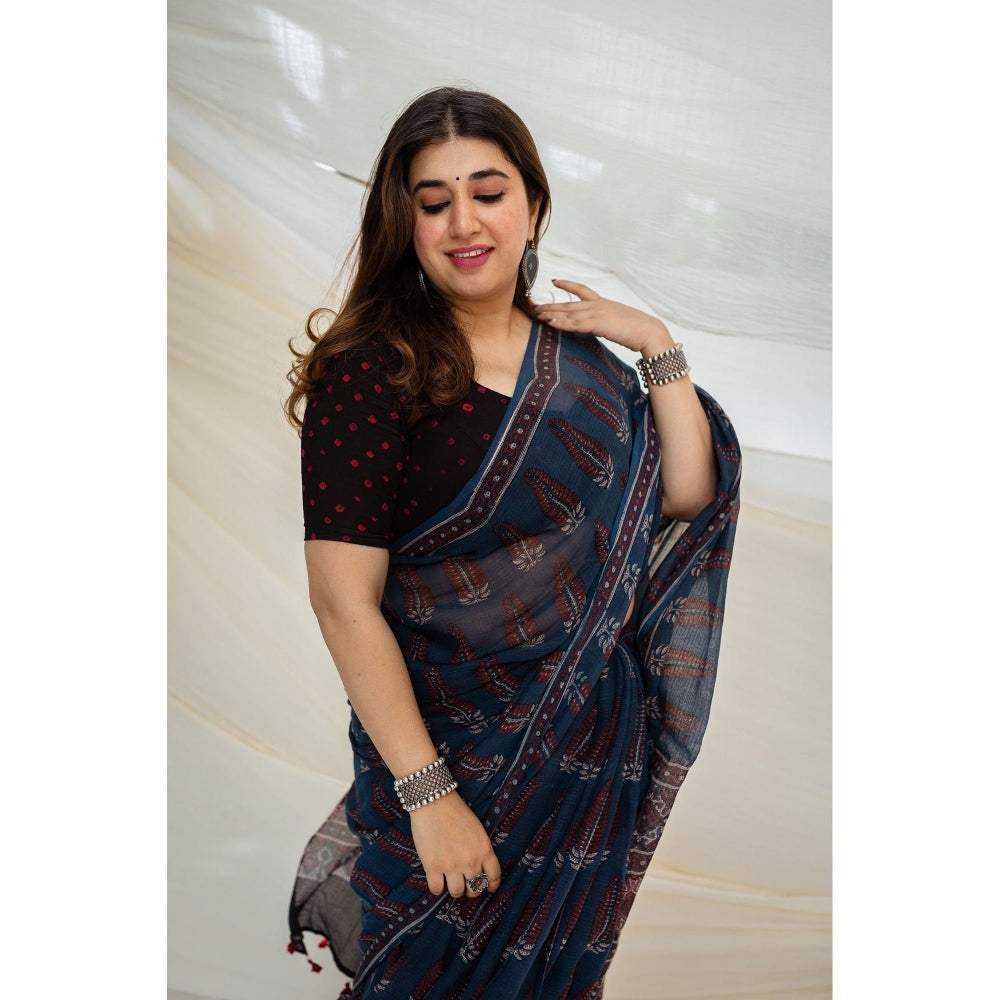 The Indian Ethnic Co. Ajrakh Natural Dyed Kota Doria Saree with Unstitched Blouse