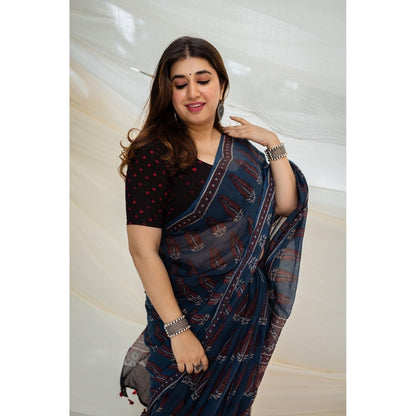 The Indian Ethnic Co. Ajrakh Natural Dyed Kota Doria Saree with Unstitched Blouse