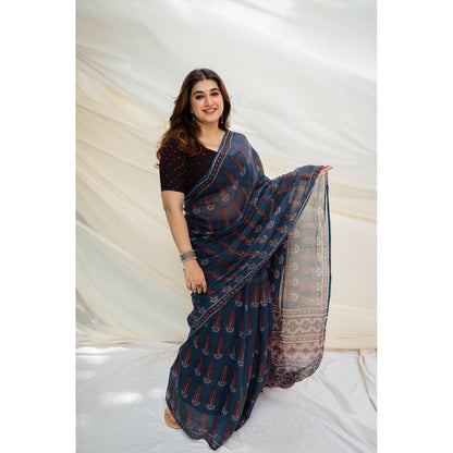 The Indian Ethnic Co. Ajrakh Natural Dyed Kota Doria Saree with Unstitched Blouse