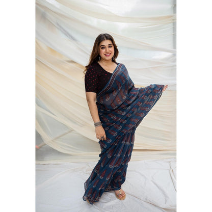 The Indian Ethnic Co. Ajrakh Natural Dyed Kota Doria Saree with Unstitched Blouse