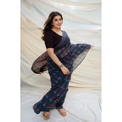 The Indian Ethnic Co. Ajrakh Natural Dyed Kota Doria Saree with Unstitched Blouse