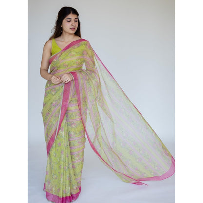 The Indian Ethnic Co. Print Cotton Kota Doria Saree with Unstitched Blouse