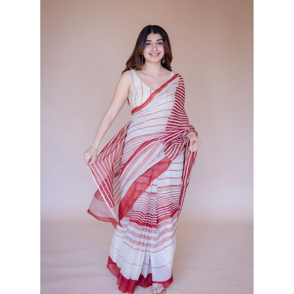 The Indian Ethnic Co. White Print Kota Doria Cotton Saree with Unstitched Blouse