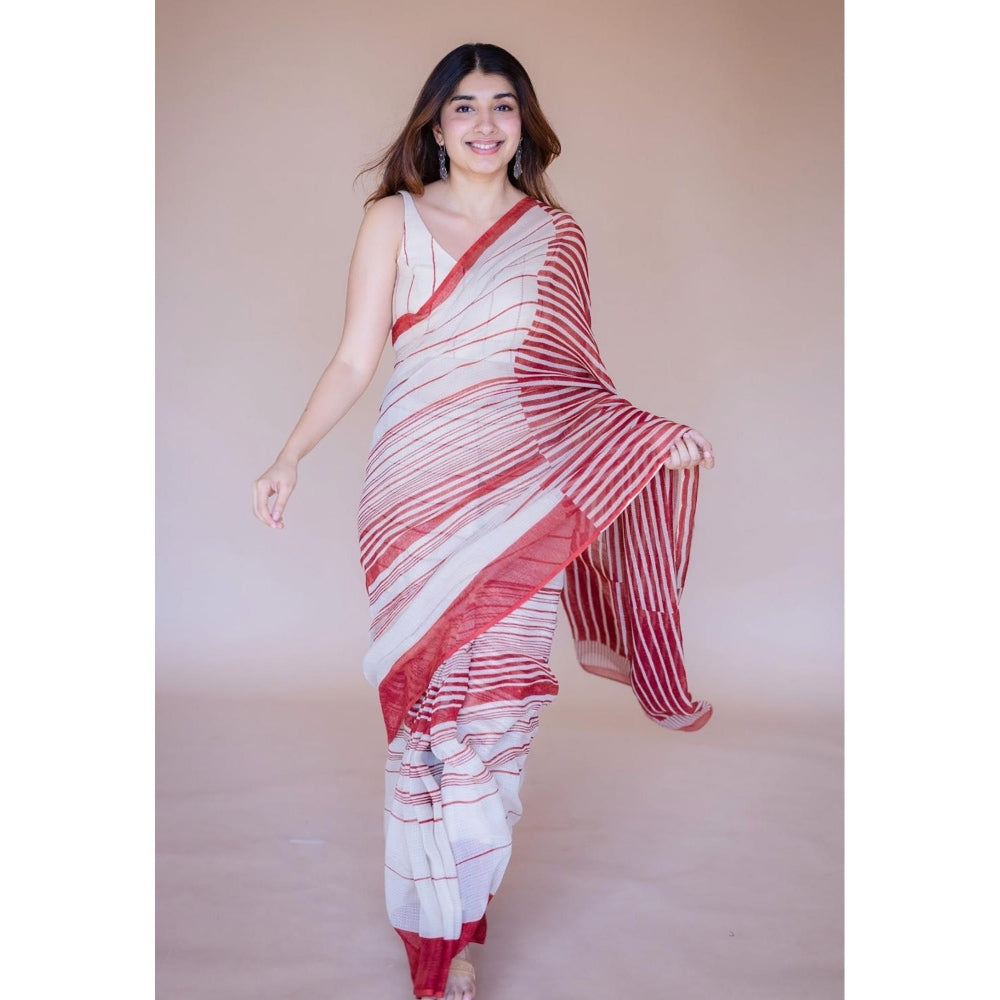 The Indian Ethnic Co. White Print Kota Doria Cotton Saree with Unstitched Blouse