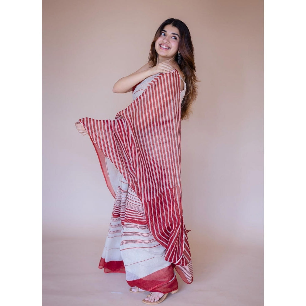 The Indian Ethnic Co. White Print Kota Doria Cotton Saree with Unstitched Blouse