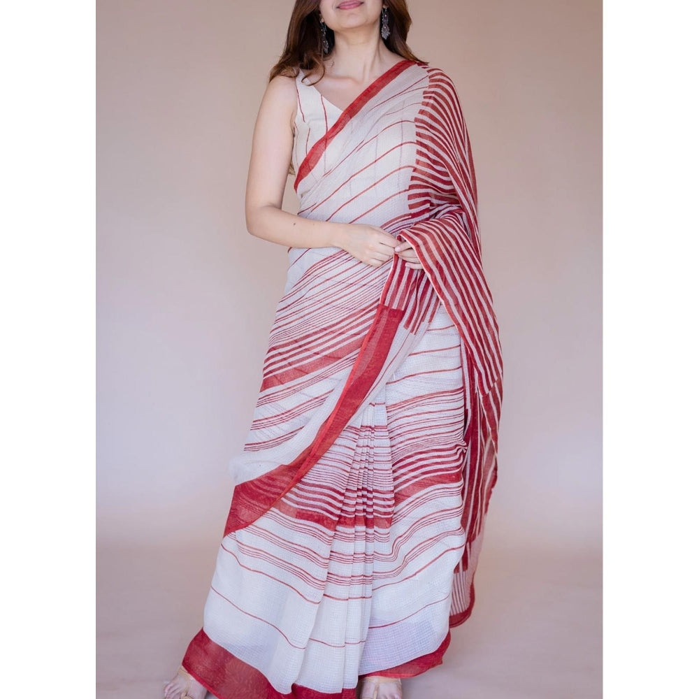 The Indian Ethnic Co. White Print Kota Doria Cotton Saree with Unstitched Blouse