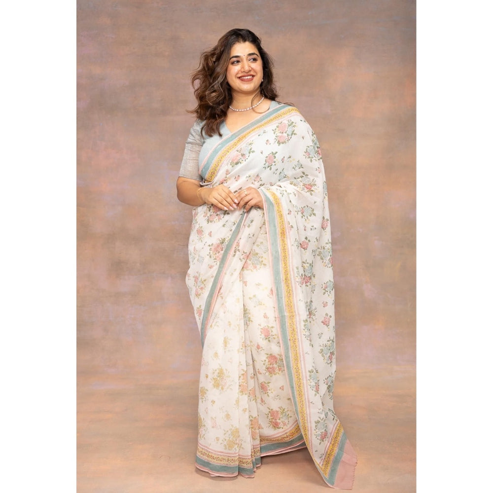 The Indian Ethnic Co. White Print Chanderi Silk Saree with Unstitched Blouse