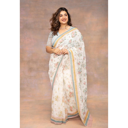 The Indian Ethnic Co. White Print Chanderi Silk Saree with Unstitched Blouse