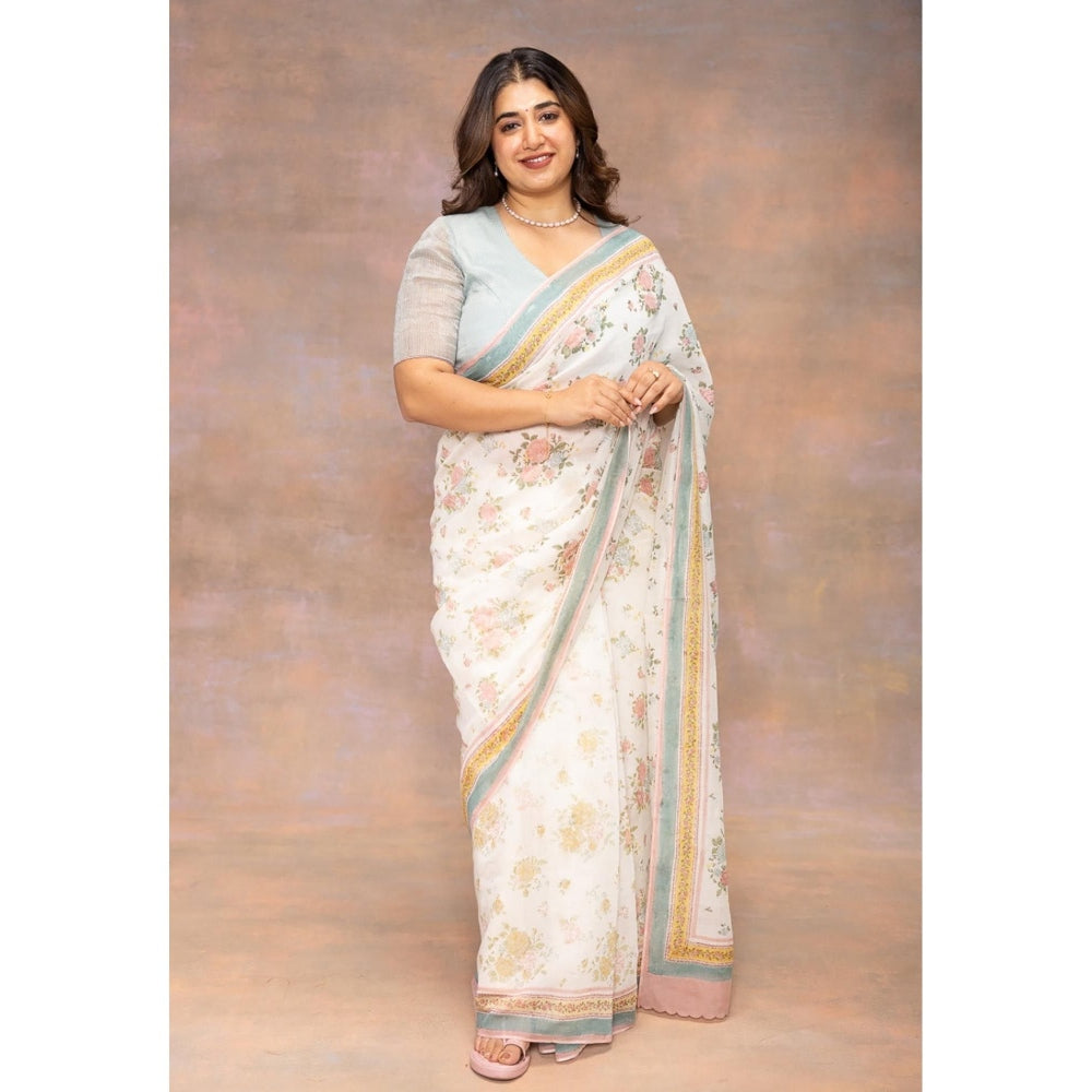 The Indian Ethnic Co. White Print Chanderi Silk Saree with Unstitched Blouse