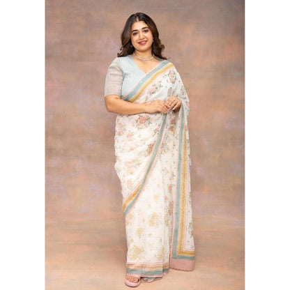The Indian Ethnic Co. White Print Chanderi Silk Saree with Unstitched Blouse