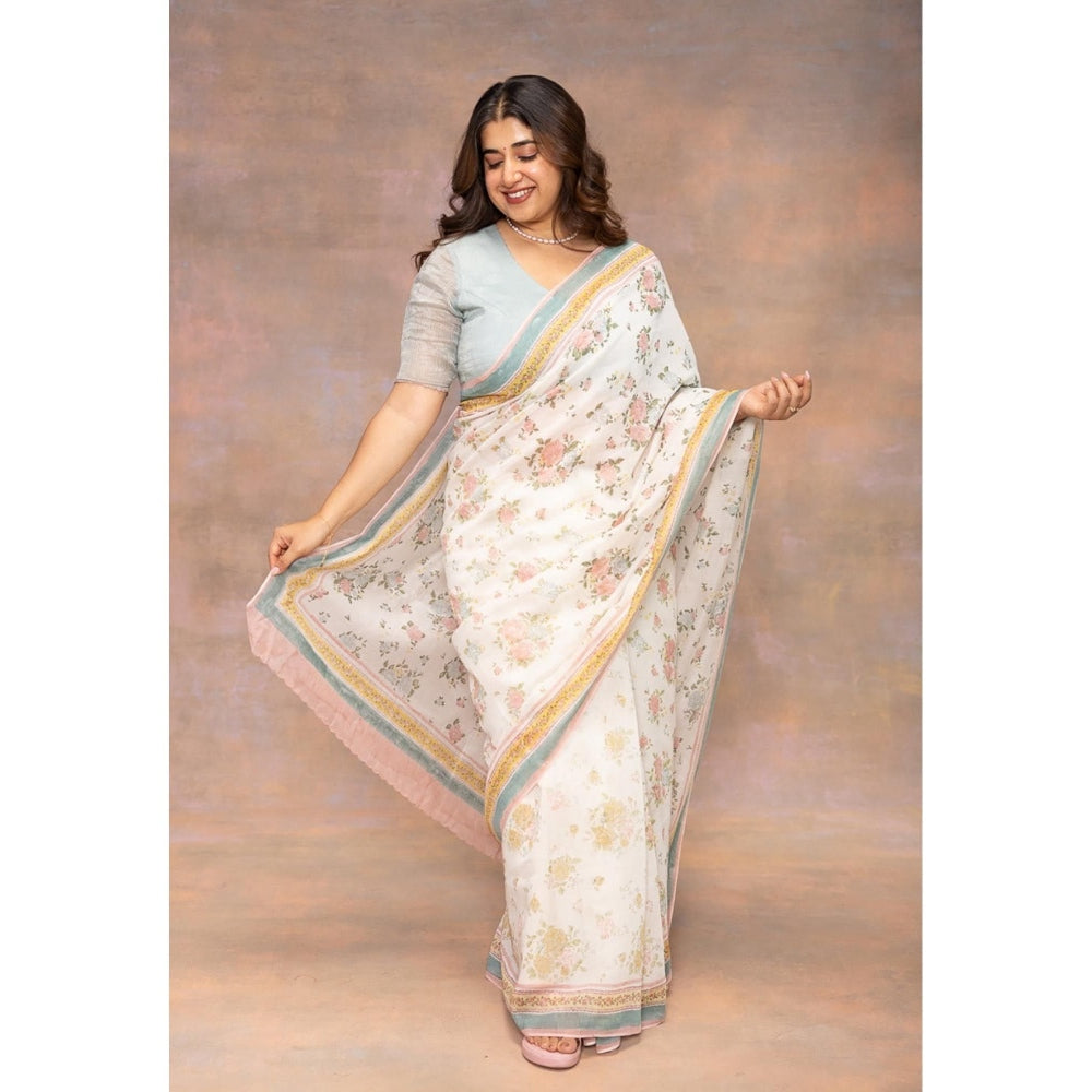 The Indian Ethnic Co. White Print Chanderi Silk Saree with Unstitched Blouse