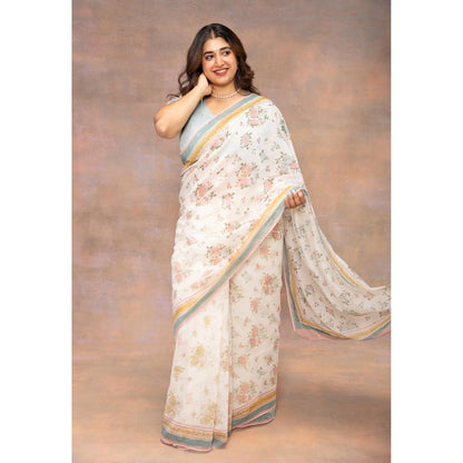 The Indian Ethnic Co. White Print Chanderi Silk Saree with Unstitched Blouse
