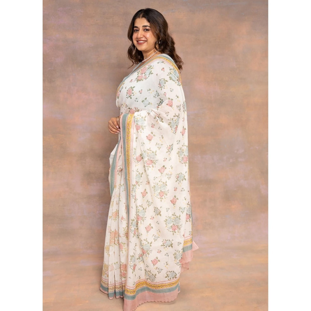The Indian Ethnic Co. White Print Chanderi Silk Saree with Unstitched Blouse