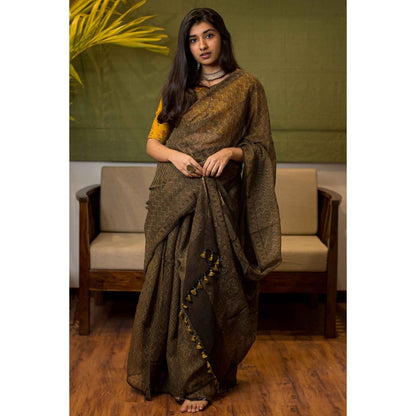 The Indian Ethnic Co. Ajrakh Natural Dyed Kota Doria Saree with Unstitched Blouse