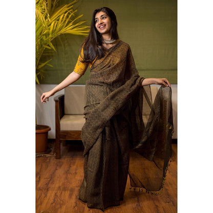 The Indian Ethnic Co. Ajrakh Natural Dyed Kota Doria Saree with Unstitched Blouse