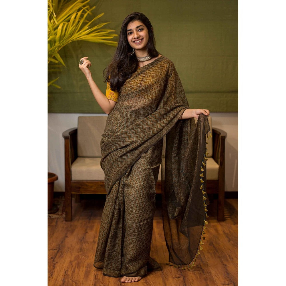The Indian Ethnic Co. Ajrakh Natural Dyed Kota Doria Saree with Unstitched Blouse
