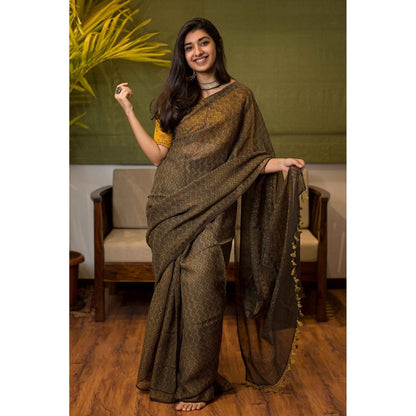The Indian Ethnic Co. Ajrakh Natural Dyed Kota Doria Saree with Unstitched Blouse