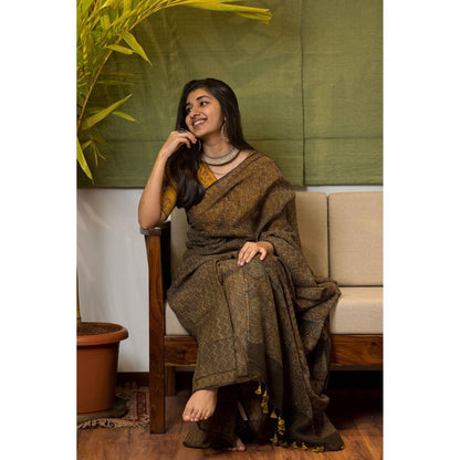 The Indian Ethnic Co. Ajrakh Natural Dyed Kota Doria Saree with Unstitched Blouse