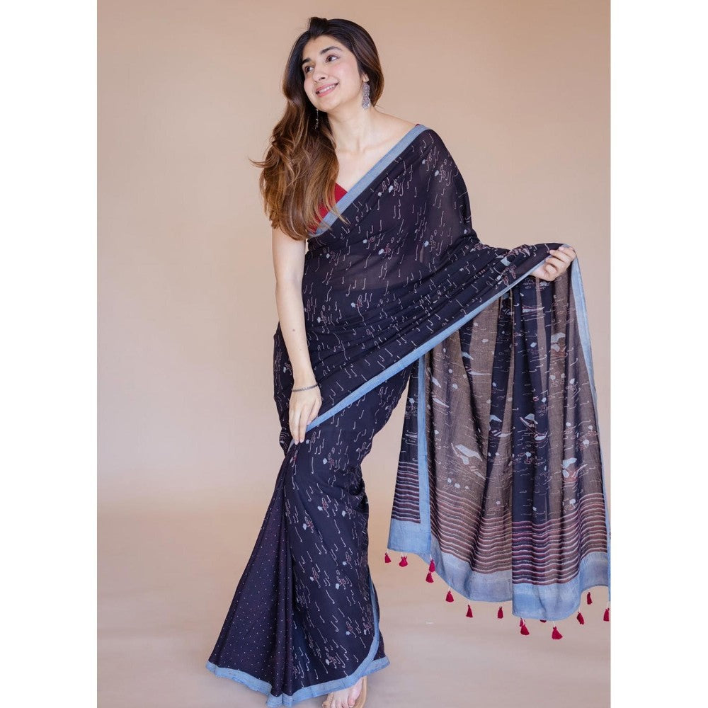 The Indian Ethnic Co. Blue Boat Ajrakh Hand Block Print Mul Saree with Unstitched Blouse