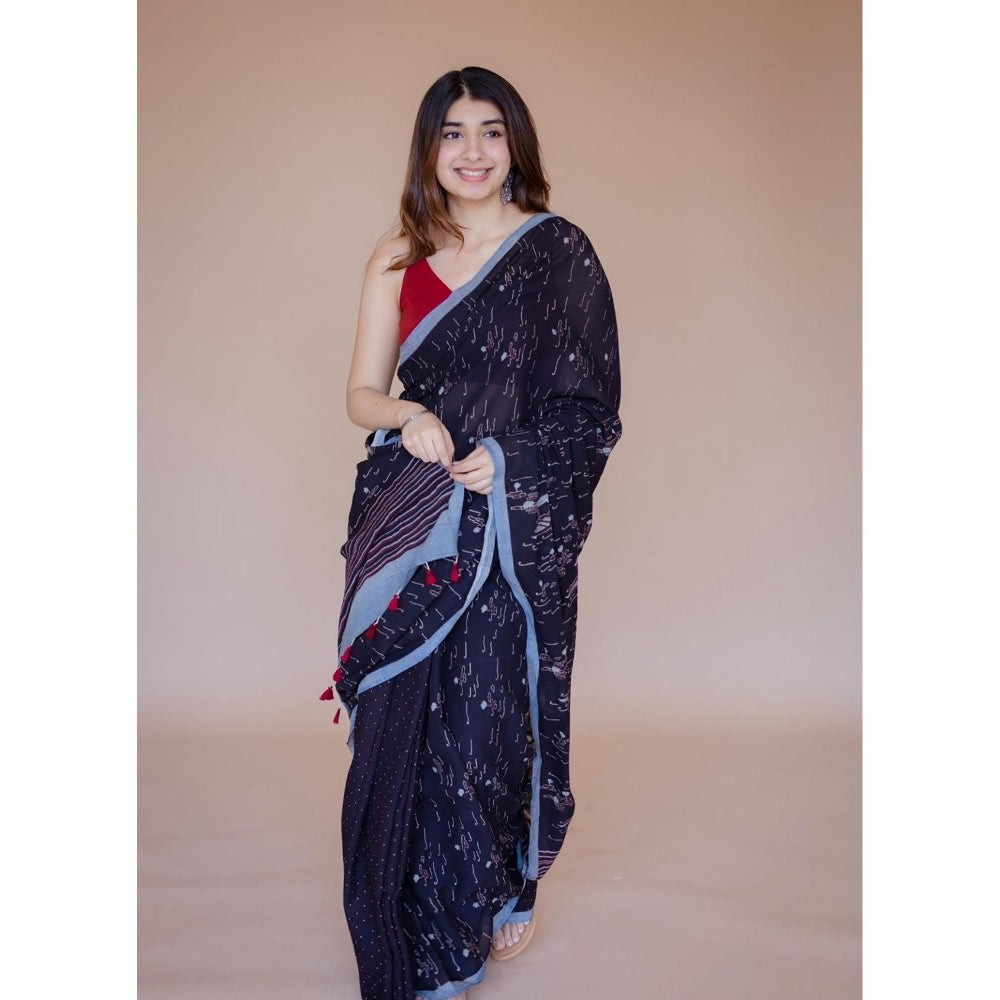 The Indian Ethnic Co. Blue Boat Ajrakh Hand Block Print Mul Saree with Unstitched Blouse