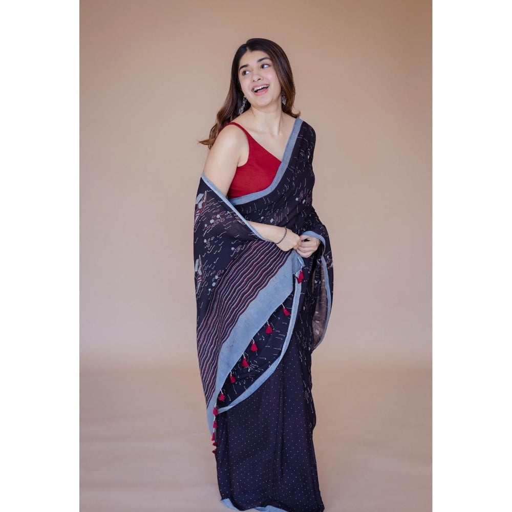 The Indian Ethnic Co. Blue Boat Ajrakh Hand Block Print Mul Saree with Unstitched Blouse