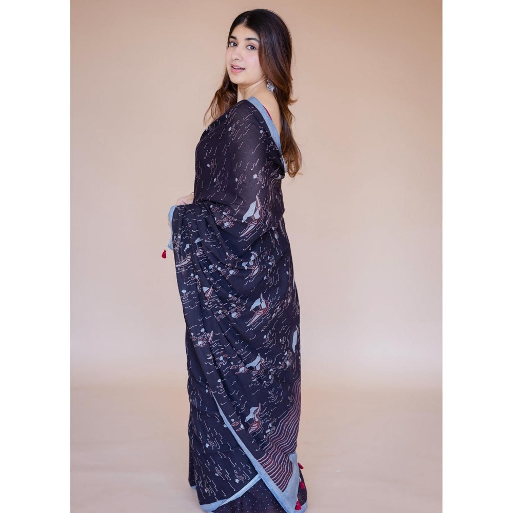 The Indian Ethnic Co. Blue Boat Ajrakh Hand Block Print Mul Saree with Unstitched Blouse