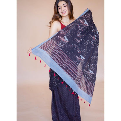 The Indian Ethnic Co. Blue Boat Ajrakh Hand Block Print Mul Saree with Unstitched Blouse