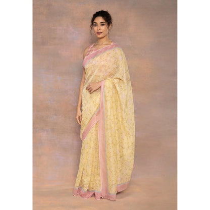 The Indian Ethnic Co. Yellow Print Chanderi Silk Saree with Unstitched Blouse