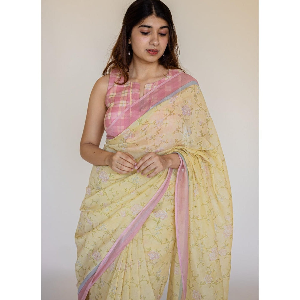 The Indian Ethnic Co. Yellow Print Chanderi Silk Saree with Unstitched Blouse