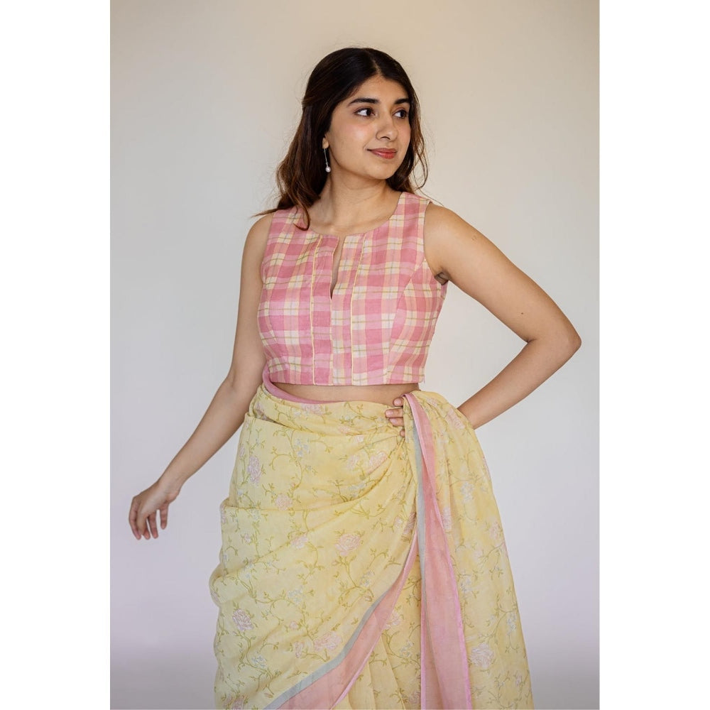 The Indian Ethnic Co. Yellow Print Chanderi Silk Saree with Unstitched Blouse
