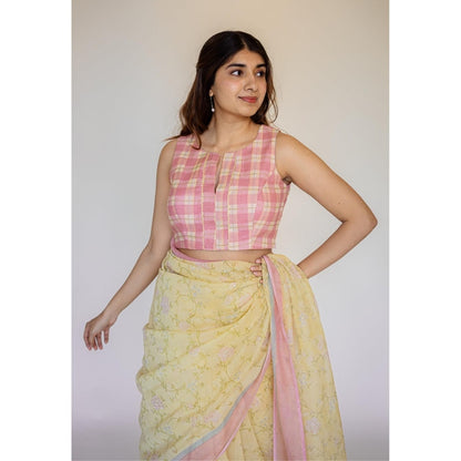 The Indian Ethnic Co. Yellow Print Chanderi Silk Saree with Unstitched Blouse