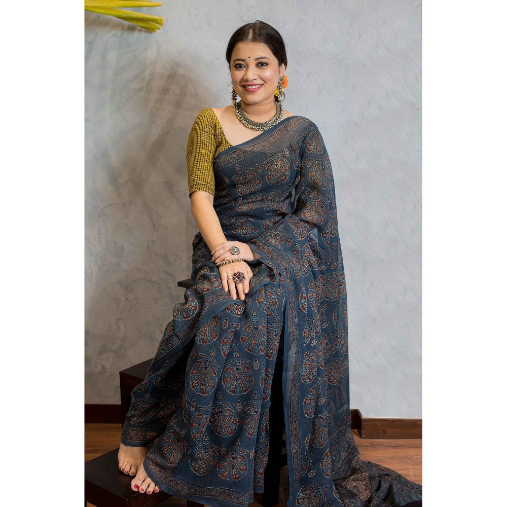 The Indian Ethnic Co. Ajrakh Natural Dyed Kota Doria Saree with Unstitched Blouse