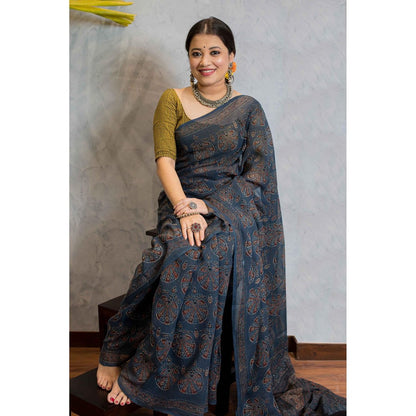 The Indian Ethnic Co. Ajrakh Natural Dyed Kota Doria Saree with Unstitched Blouse