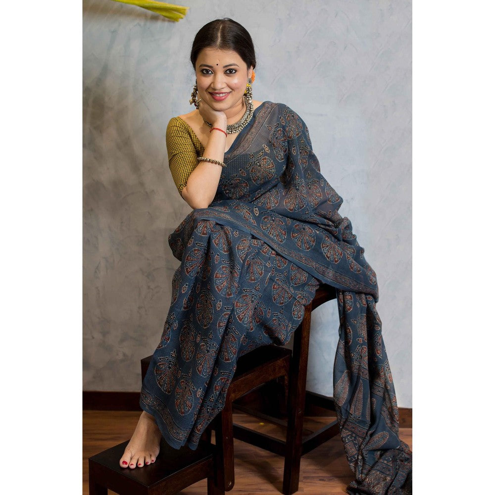 The Indian Ethnic Co. Ajrakh Natural Dyed Kota Doria Saree with Unstitched Blouse