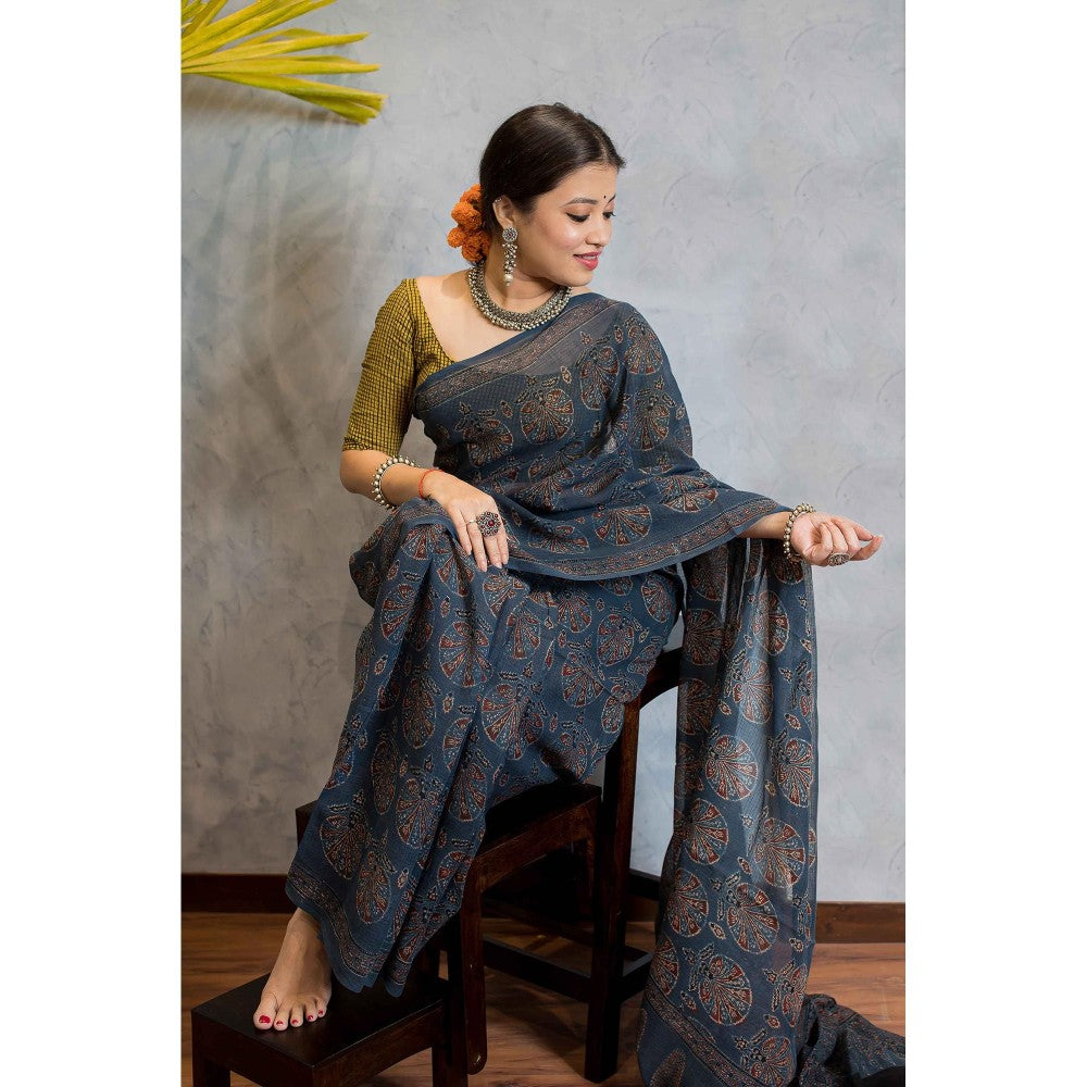 The Indian Ethnic Co. Ajrakh Natural Dyed Kota Doria Saree with Unstitched Blouse